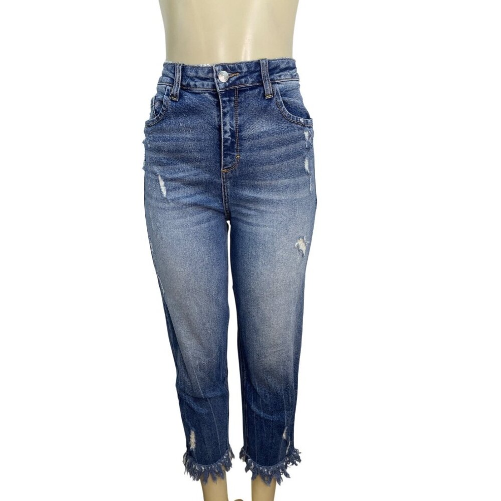 Cello Womens Distressed High-Waisted Cropped Denim Jeans With Frayed Hem Size 11